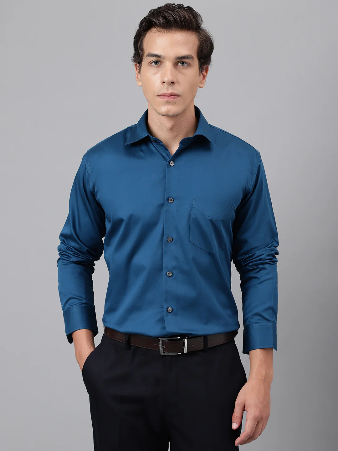 Men Turqoise Solid Cotton Satin Slim Fit Party Shirt