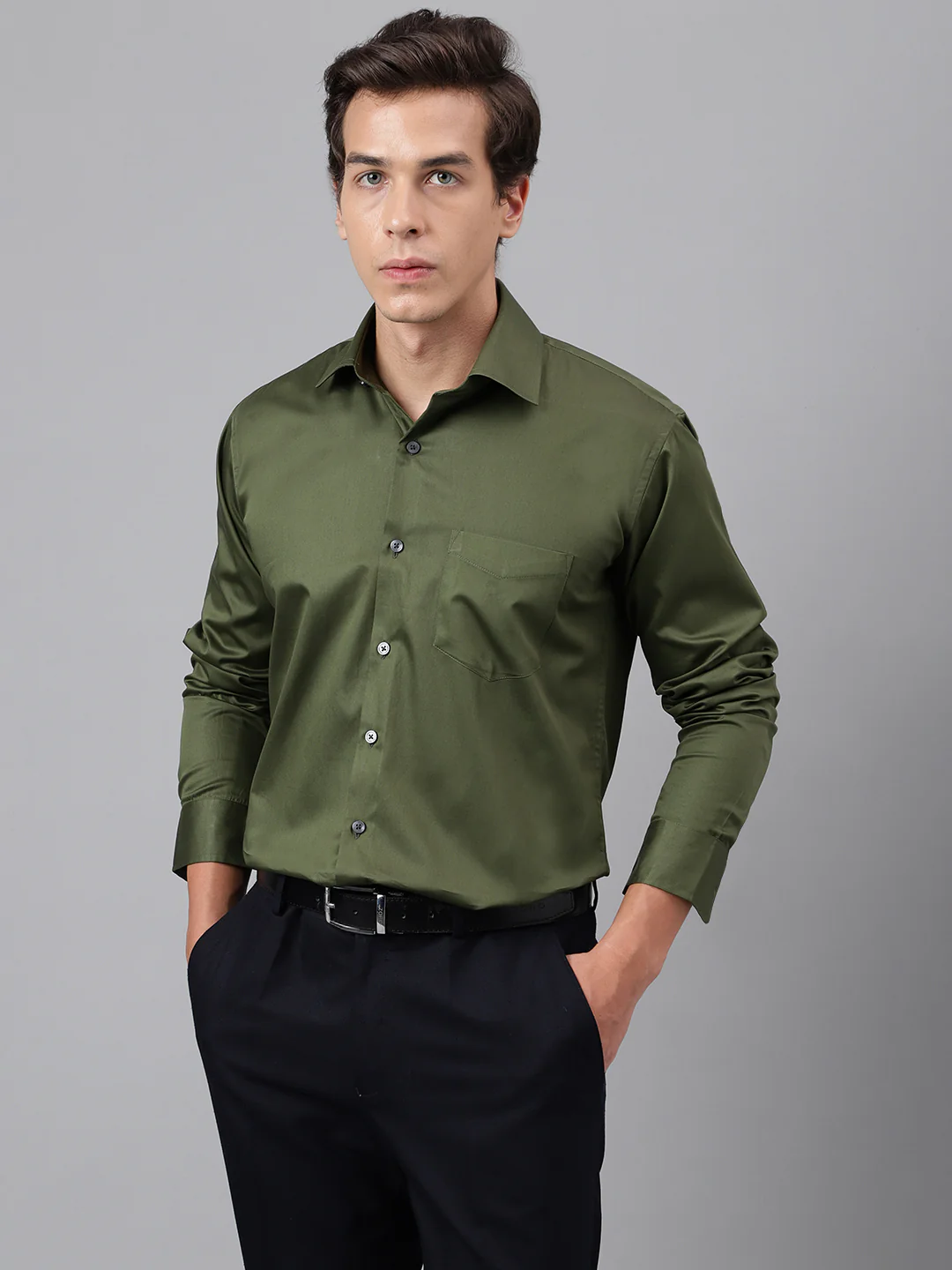 Men Olive Solid Cotton Satin Slim Fit Party Shirt