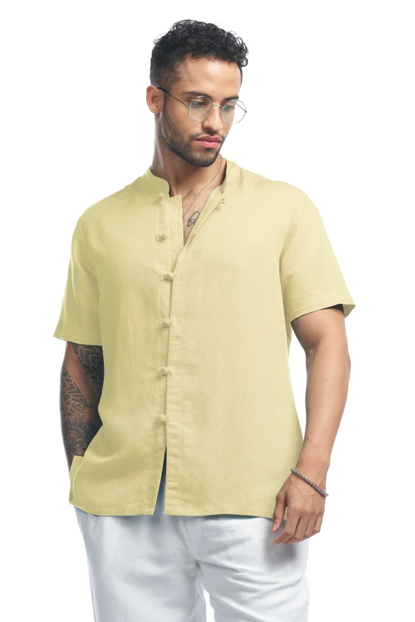 Lemon Yellow Linen blend Shurta with knot button closure & embroidery