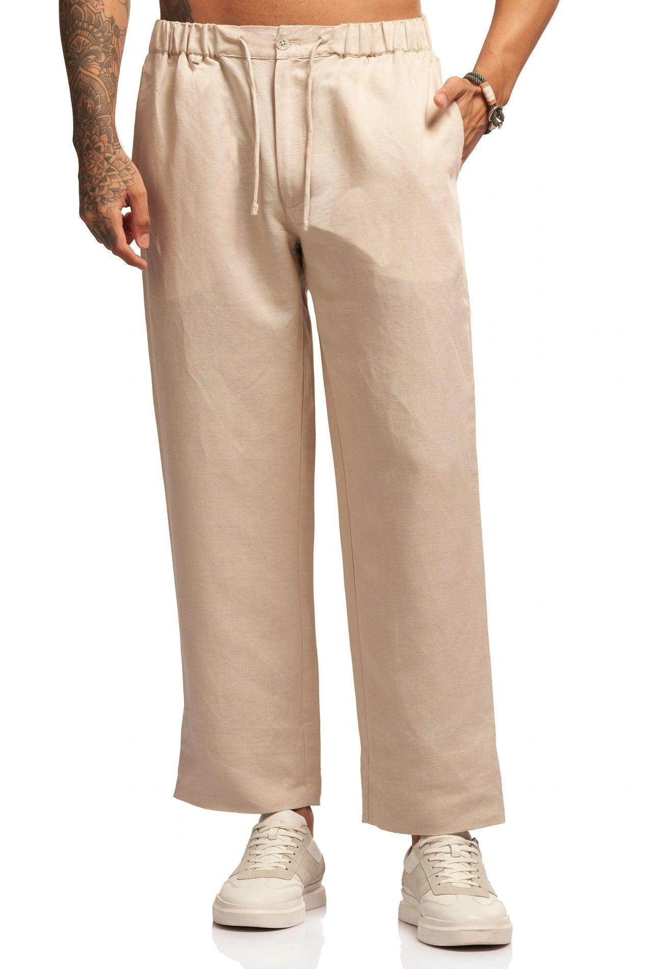 Natural Shade Linen blend straight Pants with drawstring