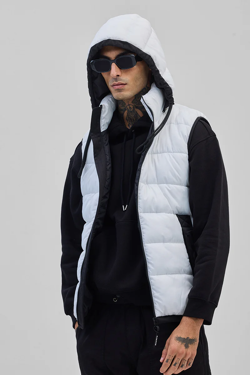 White Puffer Sleeveless Detachable Hood Vest