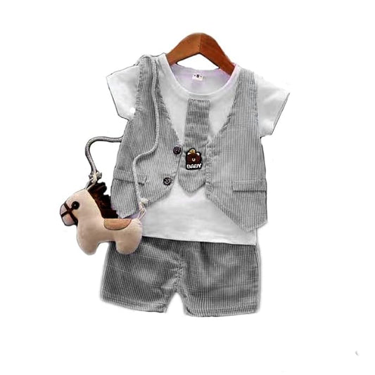 Bold N Elegant Classy Stripe Boys Party T-shirt with attached Tie Waistcoat & Shorts Clothing Set for Infant Toddler Baby Boys