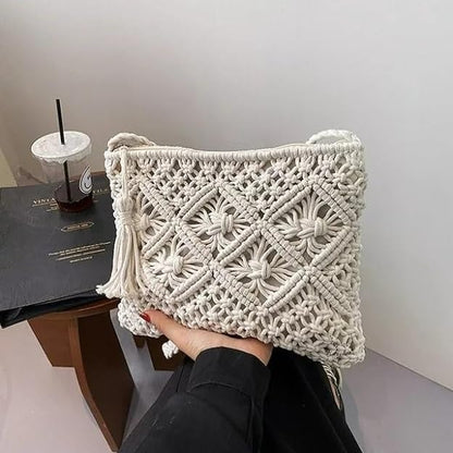 R.R.LALA Women Macrame Shoulder Bag, Knitting Handmade Weaving Handbag, Simple Hollow Beach Bag,White - Size: Width 25 cm x Length 20 cm Off White COLOR