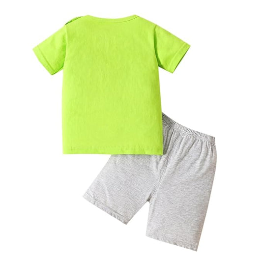 Hopscotch Boys Cotton Vehicle Print T-Shirt Shorts Sleepwear Set in Green Color