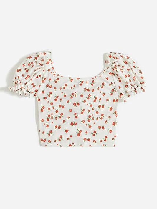 Aahwan Women's Printed & Girls' Puff Sleeve Tie Front Ditsy Floral Slim Fit Top