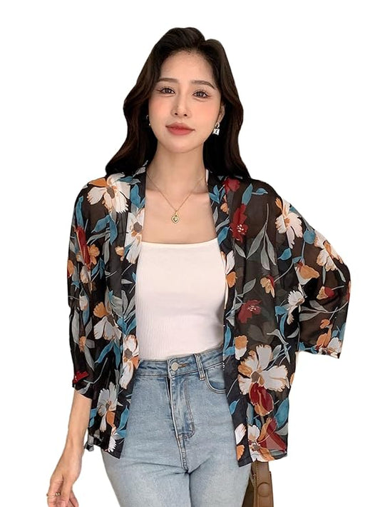 TOPLOT Women's Front Open Floral Printed Shrug Top Regular Fit