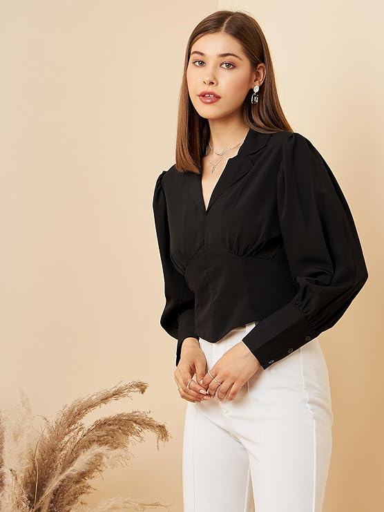 TOPLOT Crop Shirt for Women with Collared V Neck