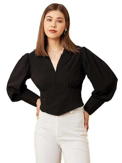 TOPLOT Crop Shirt for Women with Collared V Neck