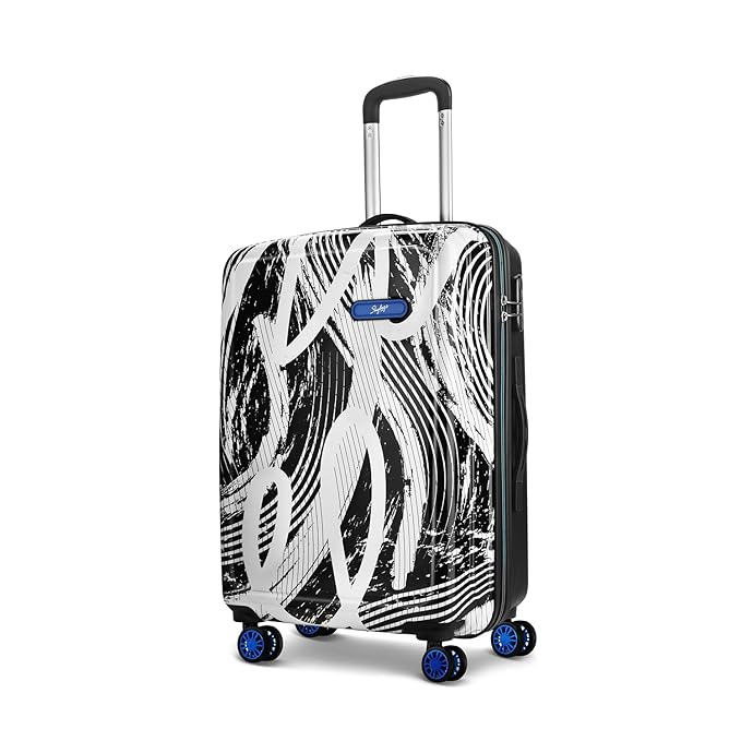 Skybags Stroke Medium Size ABS Hard Luggage (67 cm) | Printed Luggage Trolley with 8 Wheels and in-Built Combination Lock | Unisex, Blue and White