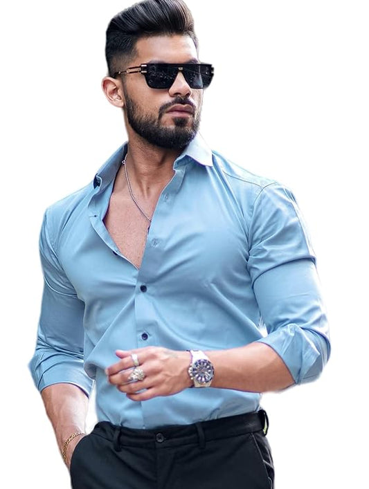 IndoPrimo Men's Casual Solid Satin Shirt for Men Full Sleeves - Crystal