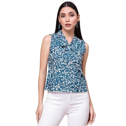 OOMPH! Women's Crepe Printed Relaxed Fit Top With Tie Neck And Sleeveless