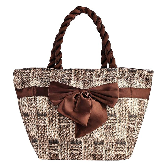 Kuber Industries Hand Purse | Polyester Hand Bag | Woman Shoulder Bag | Top Handle Handbag | Gifting Hand Purse | Ladies Tote Purse | Bow Handbag | Chatai Printed | Brown