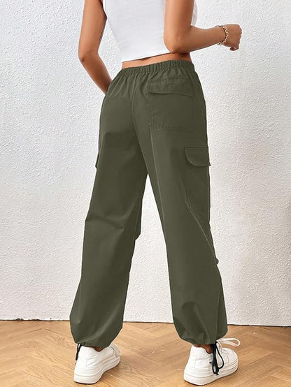Aahwan Women's & Girls' Solid Drawstring Waist Flap Pocket Side Parachute Cargo Pants