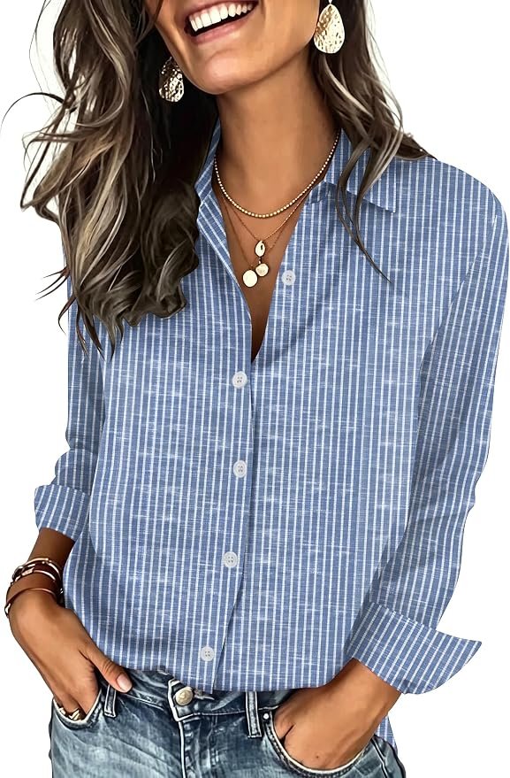 Zeagoo Button Down Shirts for Women Long Sleeve Tops Striped Solid Blouses | Collared V Neck Shirts Button Up Shirt Dressy Casual Blouses Cute Summer Fall Fashion Clothes Office Work Tops Spring Outfi